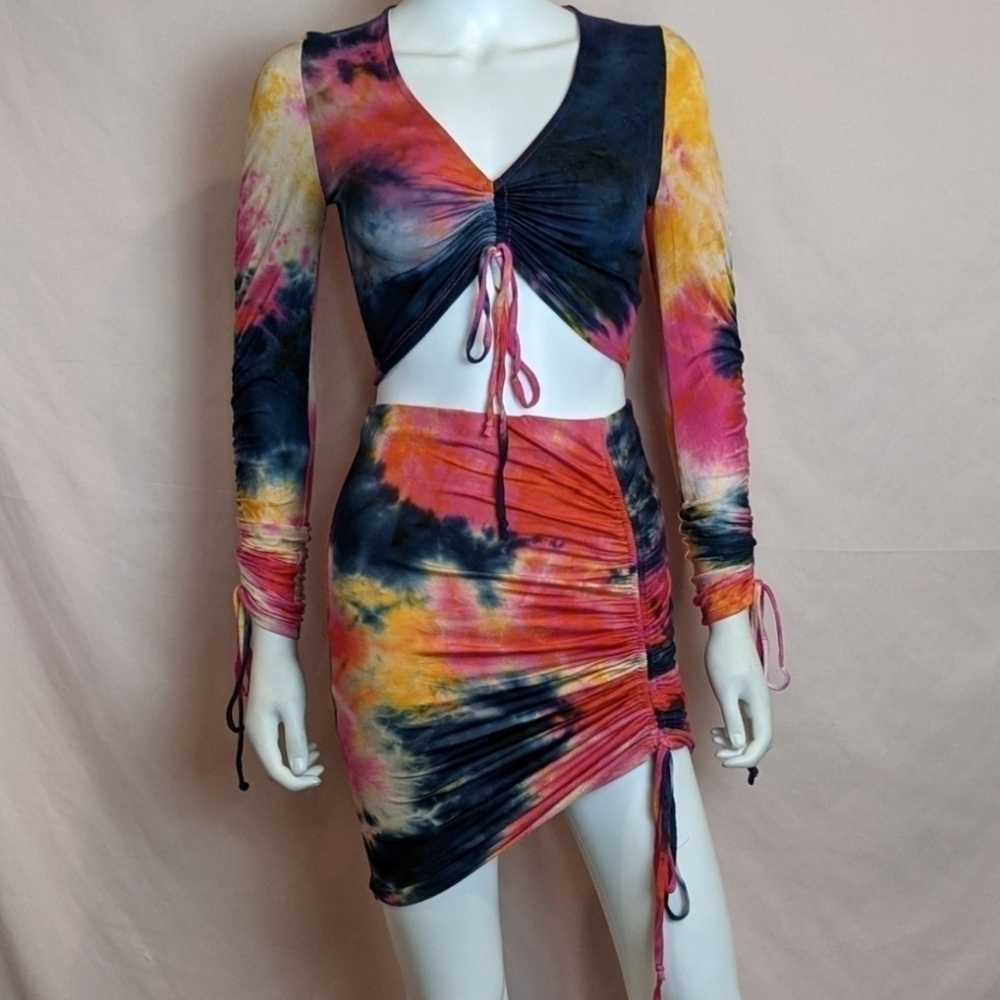 Fashion Nova Leave Me To It Tie Dye Multicolor Mini Skirt Set size Small